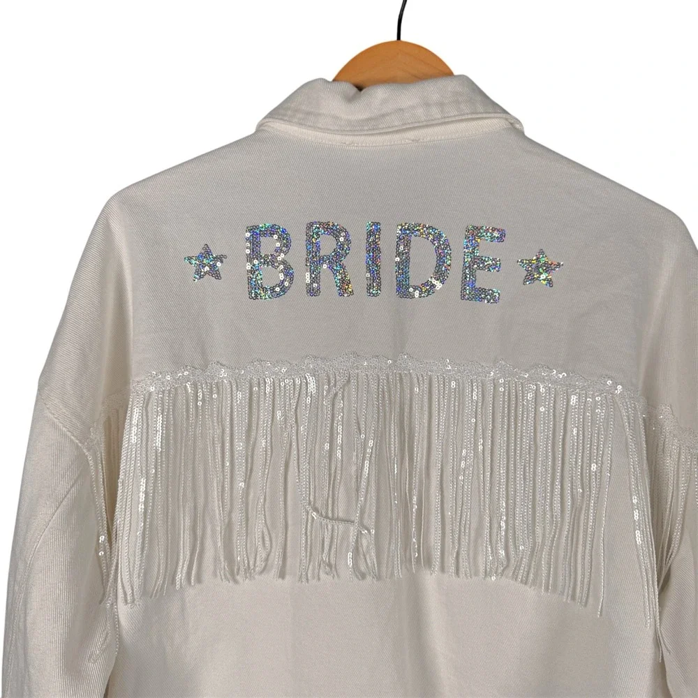 Peach Love California Bride Denim Jacket Womens L White Sequin Fringe Cropped - Picture 4 of 11